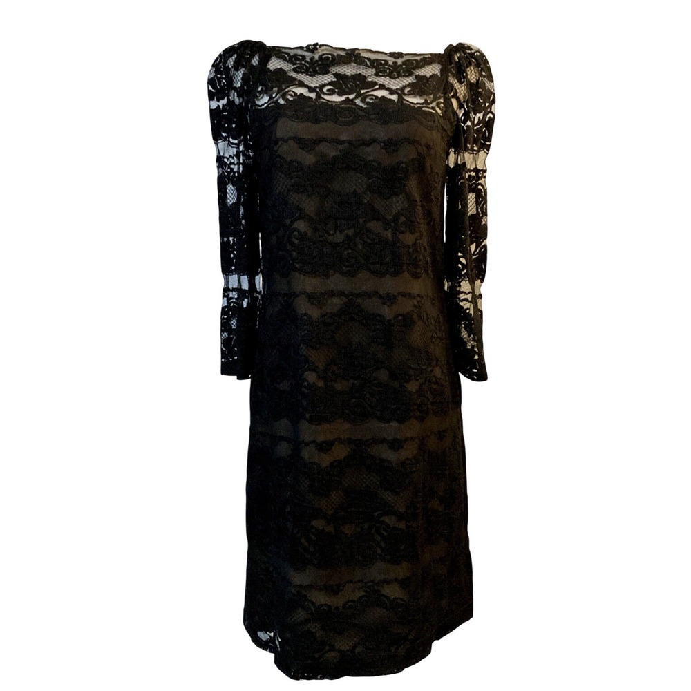 Vintage Anthony Muto Black Lace Dress Union Made in USA 1960s Puff Sleeve Size 8